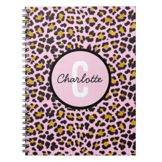 Cute Leopard Animal Print Monogram Pink Gold Notebook