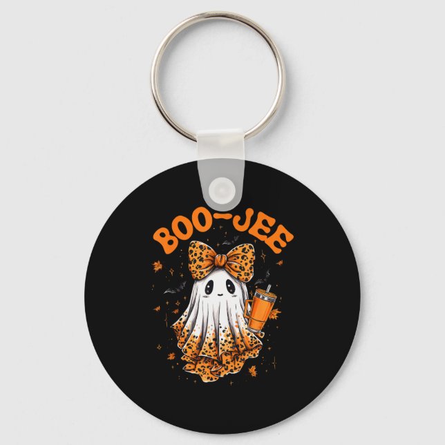 Cute Leopard Boo Jee Ghost Coffee Halloween Costum Key Ring (Front)