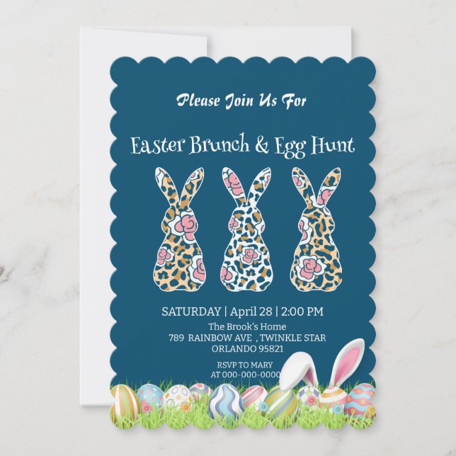 Cute Leopard bunny hunting egg Happy Easter Party Invitation (Front)