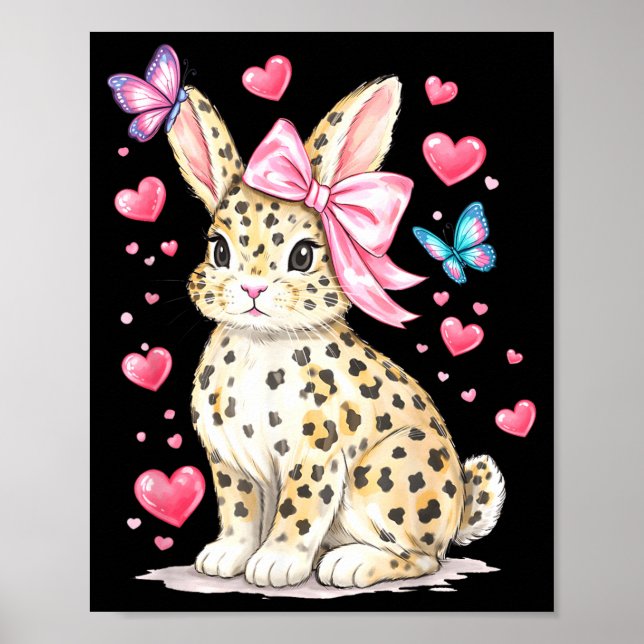 Cute Leopard Bunny Pink Coquette Bow Hearts Poster (Front)