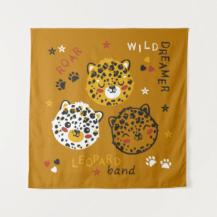 Cute Leopard Cat Face Drawing. Little Funny Cheeta Tapestry