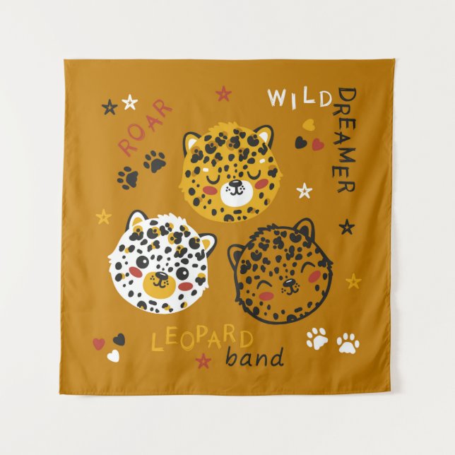 Cute Leopard Cat Face Drawing. Little Funny Cheeta Tapestry (Front)