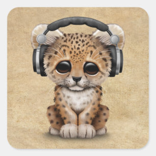 Cute Leopard Cub Dj Wearing Headphones Square Sticker