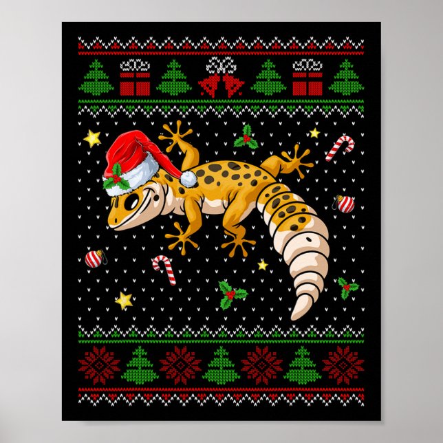 Cute Leopard Gecko Santa Hat Ugly Christmas Sweate Poster (Front)
