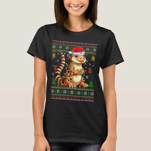 Cute Leopard Gecko Santa Hat Ugly Christmas Sweate T-Shirt (Front)