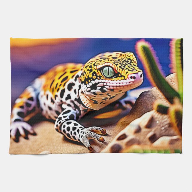 Cute Leopard Gecko Sunset Desert Design Tea Towel (Horizontal)