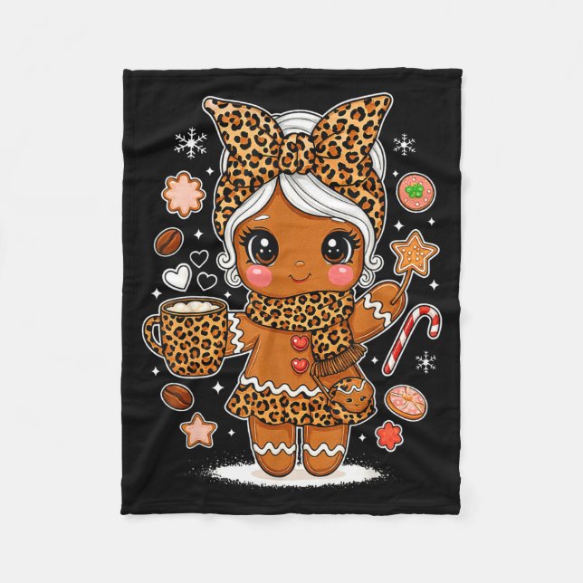Cute Leopard Gingerbread Girl Coquette Bow Holiday Fleece Blanket (Front)
