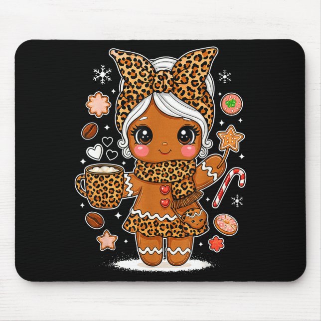 Cute Leopard Gingerbread Girl Coquette Bow Holiday Mouse Pad (Front)