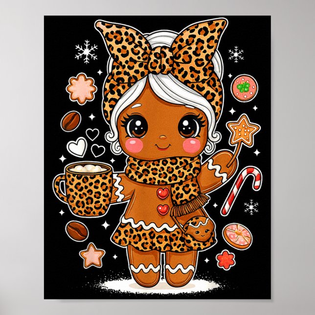 Cute Leopard Gingerbread Girl Coquette Bow Holiday Poster (Front)