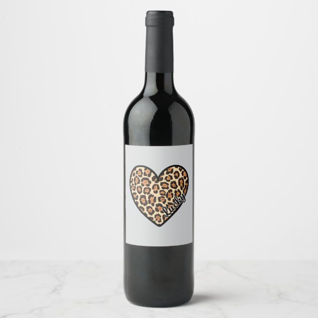Cute Leopard Heart Valentine's Day gift Wine Label (Front)