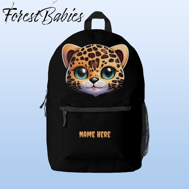 Cute Leopard Jungle Cat Safari Cartoon Graphic 🐆 Printed Backpack (Leopard, Black Customizable ForestBabies Backpack - Front)