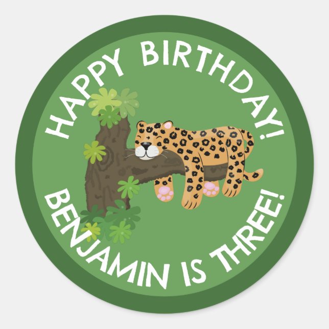 Cute leopard personalised cartoon birthday classic round sticker (Front)