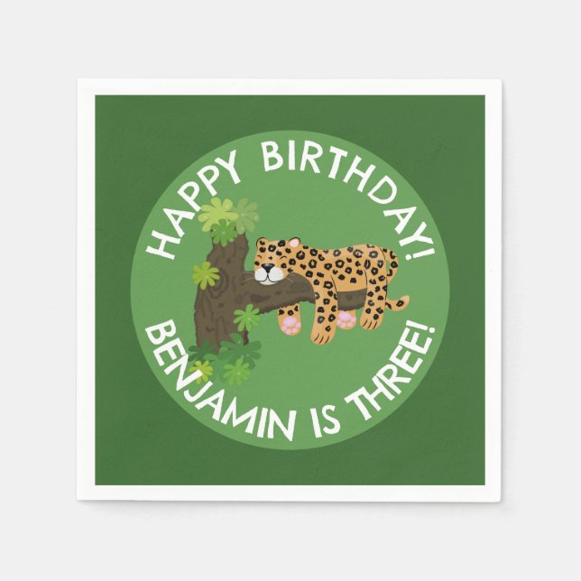 Cute leopard personalised cartoon birthday napkin (Front)