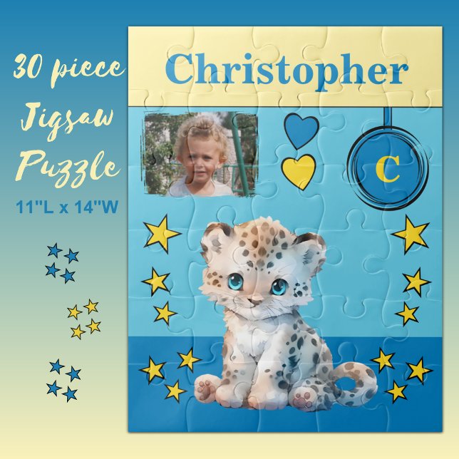 Cute leopard photo name blue yellow kids jigsaw puzzle (Creator Uploaded)