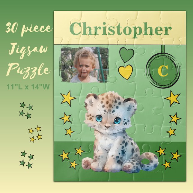 Cute leopard photo name green yellow kids jigsaw puzzle (Creator Uploaded)