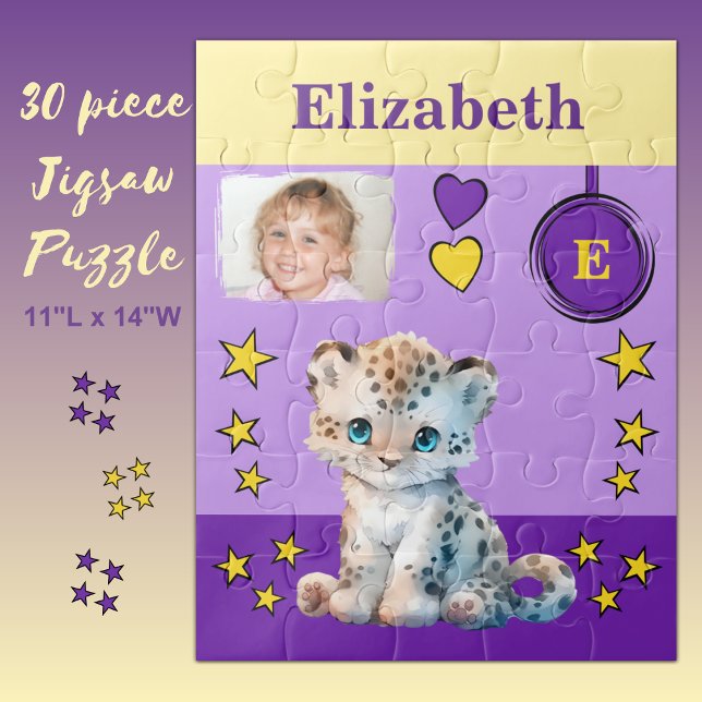Cute leopard photo name purple yellow kids jigsaw puzzle (Creator Uploaded)