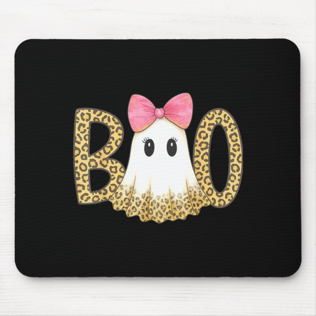 Cute leopard print boo ghost with pink bow mouse pad (Front)