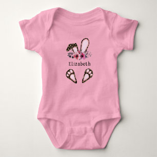 Cute Leopard Print Easter Bunny Ears Feet Monogram Baby Bodysuit