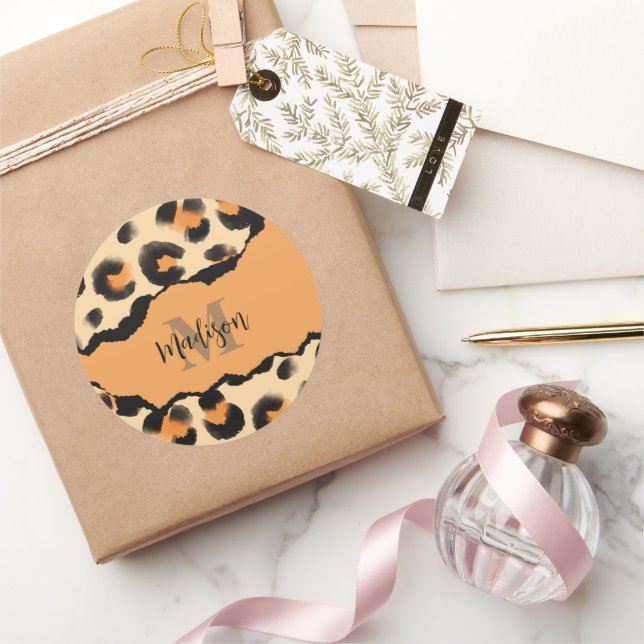 Cute Leopard Print Monogram Classic Round Sticker (Gifting)