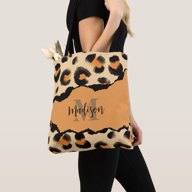 Cute Leopard Print Monogram Tote Bag (Close Up)