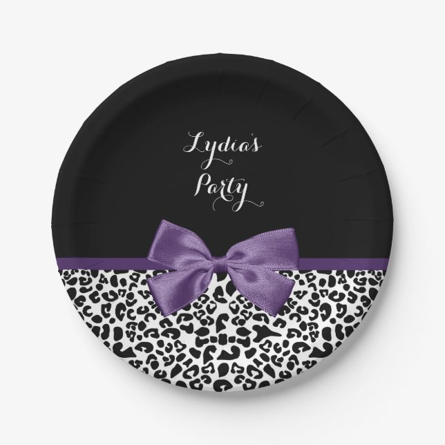 Cute Leopard Print Pretty Purple Bow With Name Paper Plate (Front)