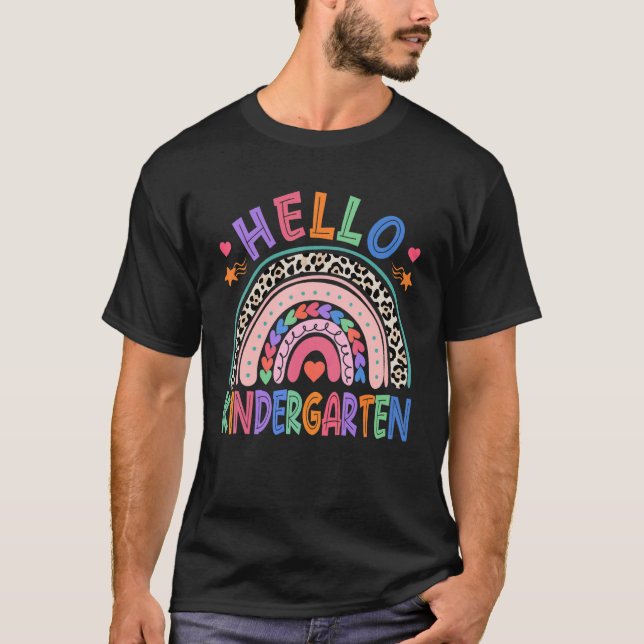Cute Leopard Rainbow Hello Kindergarten First Day  T-Shirt (Front)