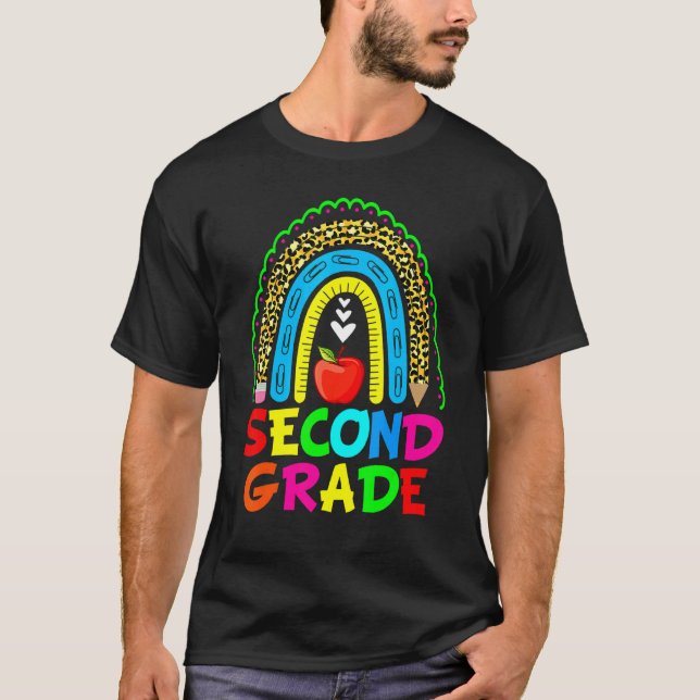 Cute Leopard Rainbow Second Grade Teacher Back To  T-Shirt (Front)
