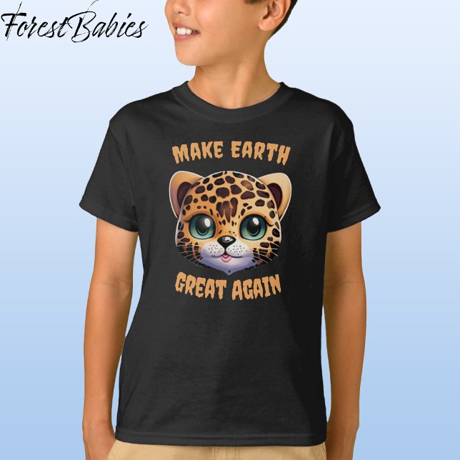 Cute Leopard Safari Animal, Make Earth Great Again T-Shirt (Leopard, Black Customizable ForestBabies T-shirt - Front)