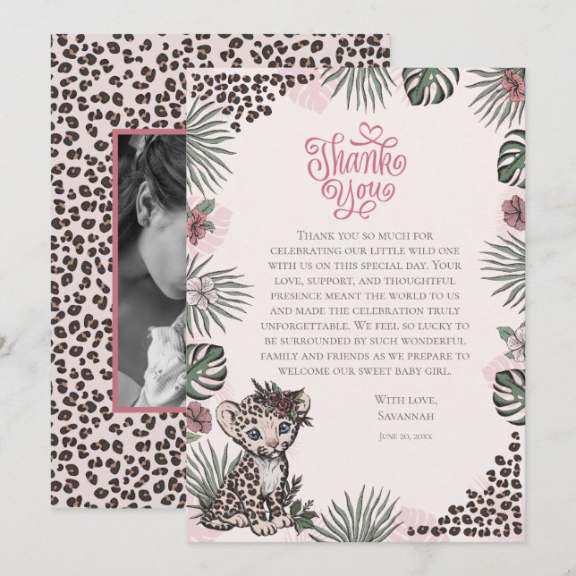 Cute Leopard Safari Girl Baby Shower Thank You Card (Front/Back)