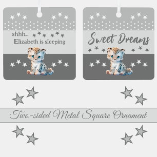 Cute leopard shhh add name is sleeping grey metal tree decoration