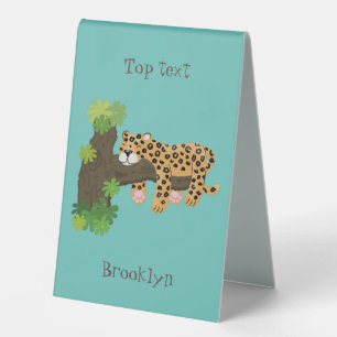 Cute leopard sleeping in tree cartoon illustration