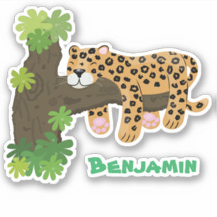 Cute leopard sleeping in tree cartoon illustration