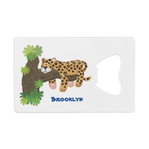 Cute leopard sleeping in tree cartoon illustration