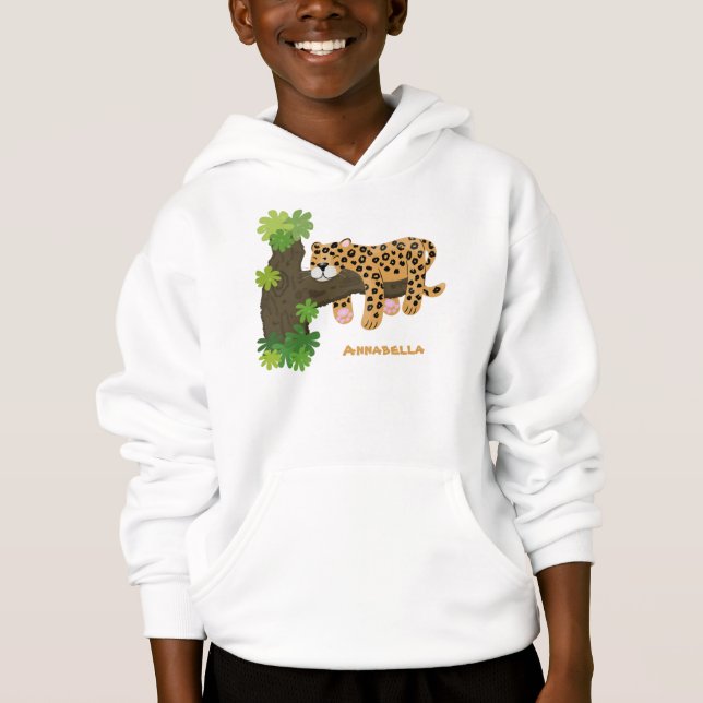 Cute leopard sleeping in tree cartoon illustration (Front)