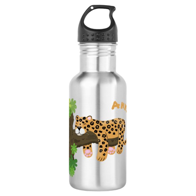 Cute leopard sleeping in tree cartoon illustration 532 ml water bottle (Front)