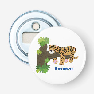 Cute leopard sleeping in tree cartoon illustration bottle opener