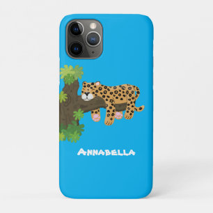 Cute leopard sleeping in tree cartoon illustration iPhone 11 pro case