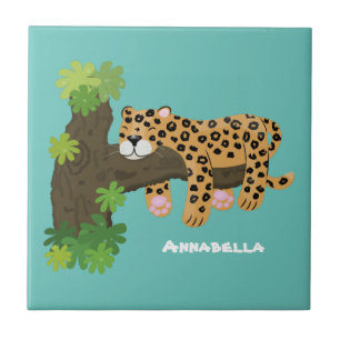 Cute leopard sleeping in tree cartoon illustration ceramic tile