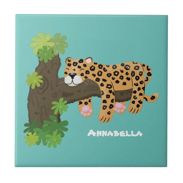 Cute leopard sleeping in tree cartoon illustration ceramic tile (Front)