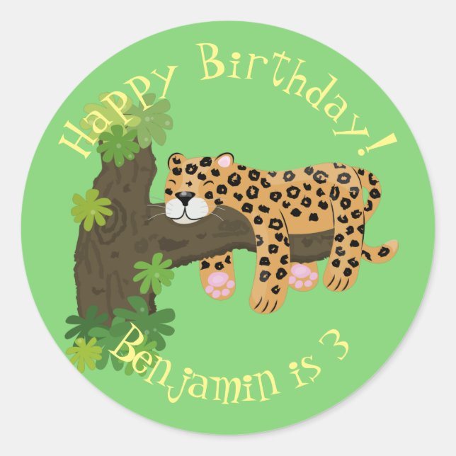 Cute leopard sleeping in tree cartoon illustration classic round sticker (Front)