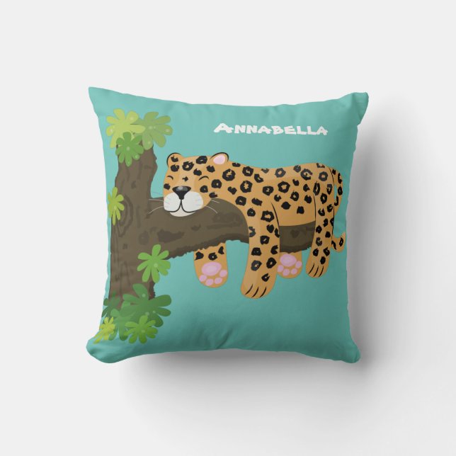Cute leopard sleeping in tree cartoon illustration cushion (Front)