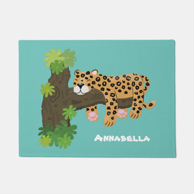 Cute leopard sleeping in tree cartoon illustration doormat (Front)