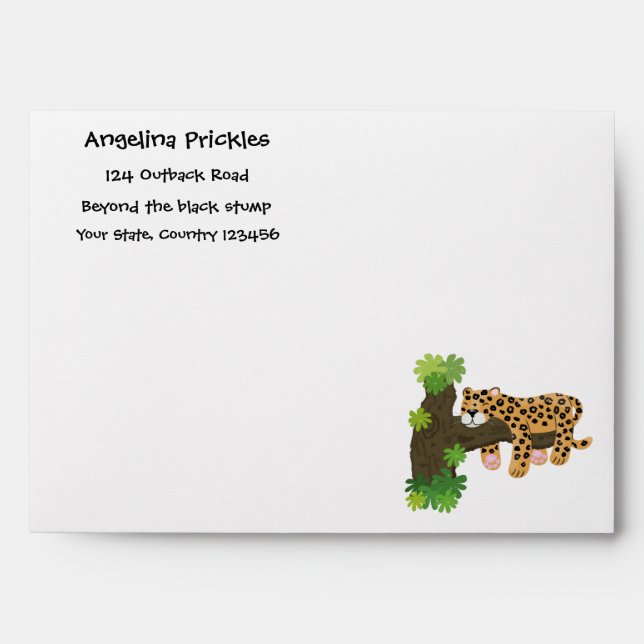 Cute leopard sleeping in tree cartoon illustration envelope (Front)