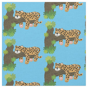 Cute leopard sleeping in tree cartoon illustration fabric