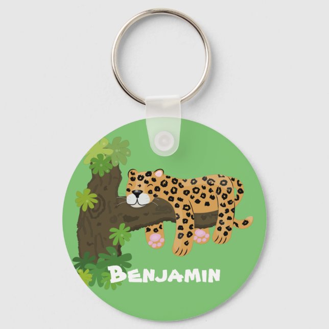 Cute leopard sleeping in tree cartoon illustration key ring (Front)