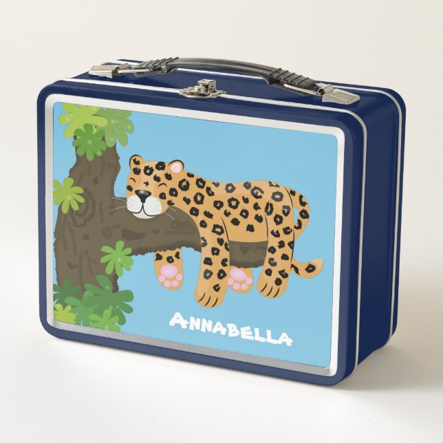 Cute leopard sleeping in tree cartoon illustration metal lunch box (Front)