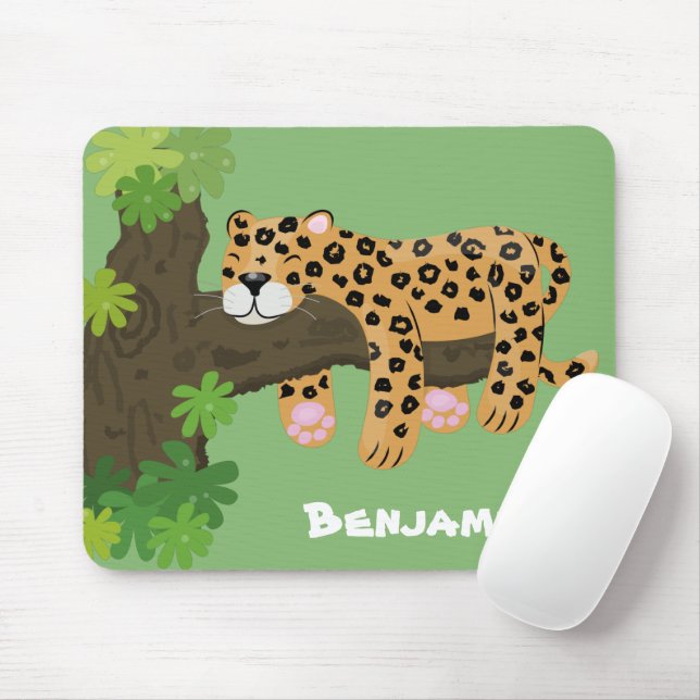 Cute leopard sleeping in tree cartoon illustration mouse pad (With Mouse)