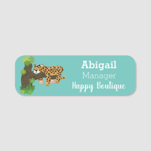 Cute leopard sleeping in tree cartoon illustration name tag