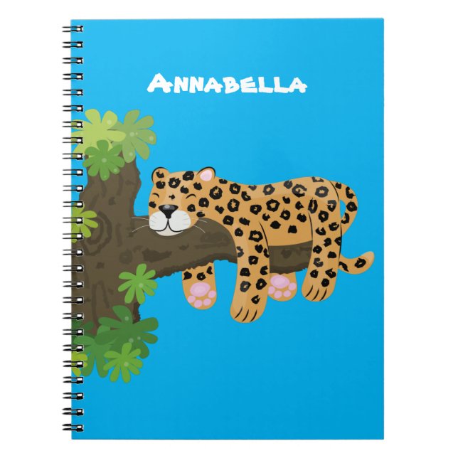 Cute leopard sleeping in tree cartoon illustration notebook (Front)