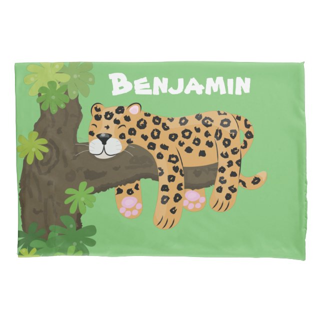Cute leopard sleeping in tree cartoon illustration pillowcase (Front)